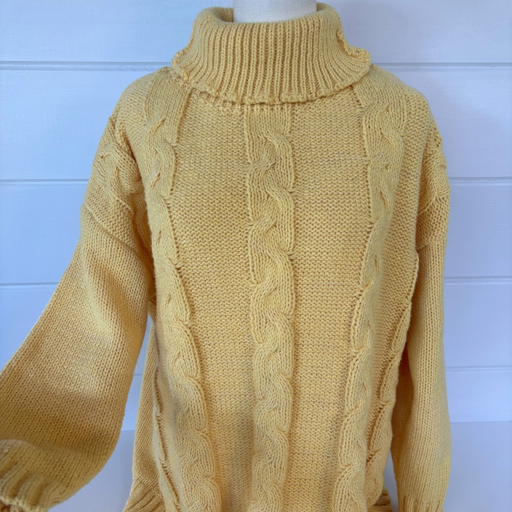 Vintage 90s Chunky Cable Knit Turtleneck Sweater XL Butter Yellow Fisherman Cozy - Picture 7 of 11
